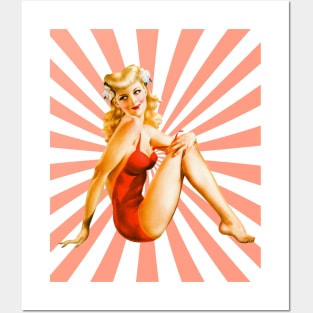 Blonde Pin-Up Girl in Red Graphic Design Posters and Art